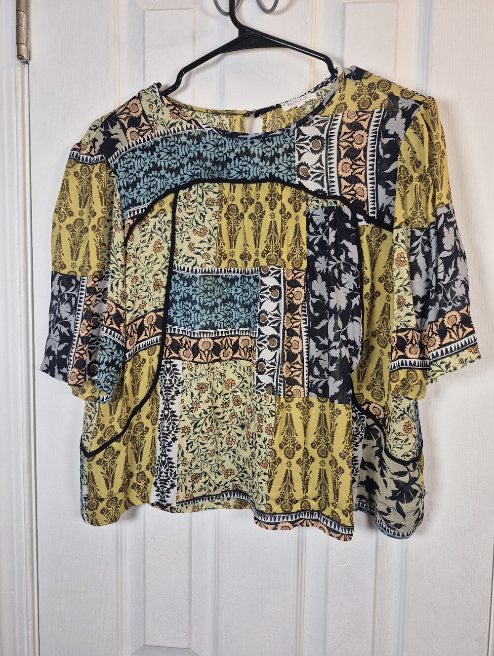 Anthropologie Weston Boho Patchwork Mixed Floral Rayon Blouse Size Medium